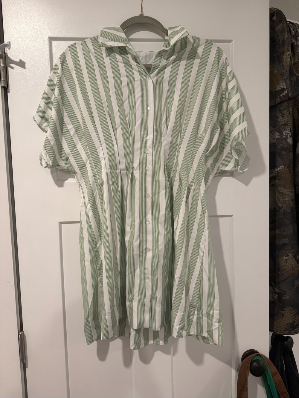 Green and White Striped Button-Up Shirt Dress